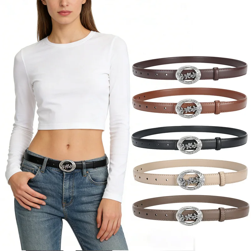 Ladies' small lychee patterned smooth buckle belt, casual and versatile retro decorative belt