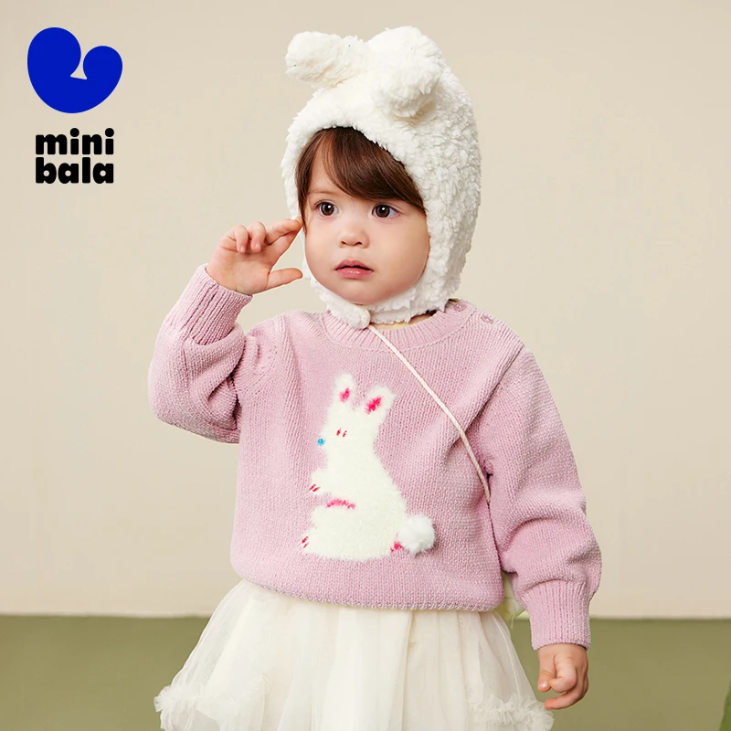

Mini Bala Girls Sweater 2025 Winter Soft Skin Friendly Chenille Sweet Lantern Sleeve Cute Knit Top