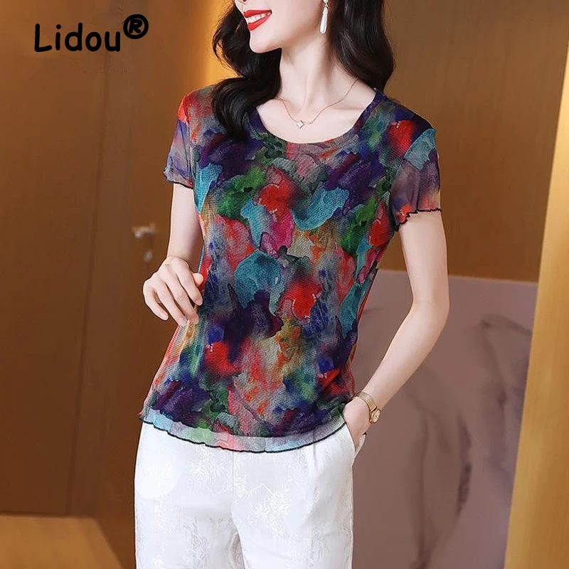 

Women's Clothing Korean Fashion Vintage Print Sexy Mesh Elegant Basic T-shirts Summer Ladies Short Sleeve Slim Breathable Tops