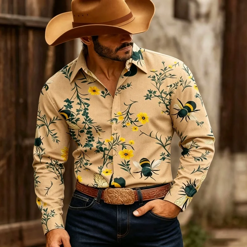 Men's Floral Print Long-Sleeve Shirt, Stylish Slim-Fit Button-Down Casual - view 6