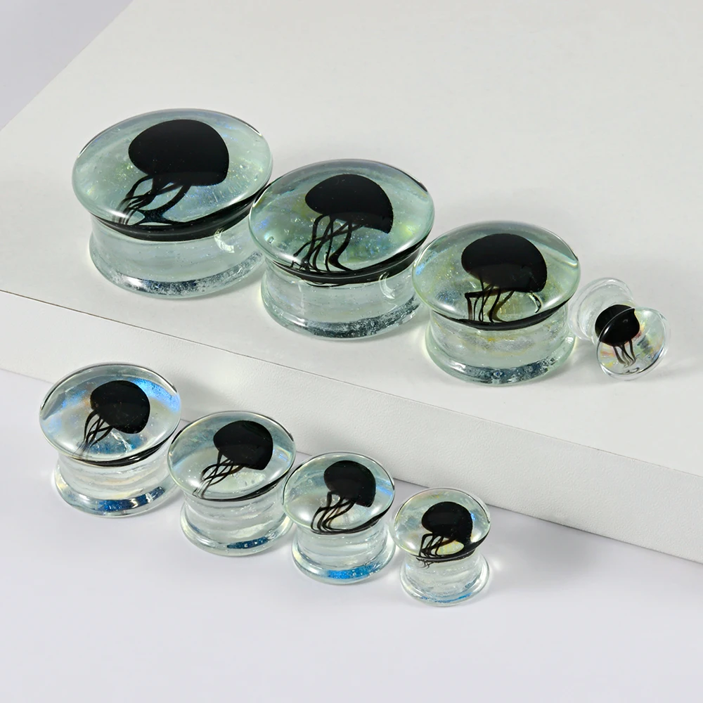 1PC Glass Double Flared Ear Plugs Expanders Black Jellyfish Ear Gauge Earring Gauges Stretchers Piercing Jewelry 8mm-25mm