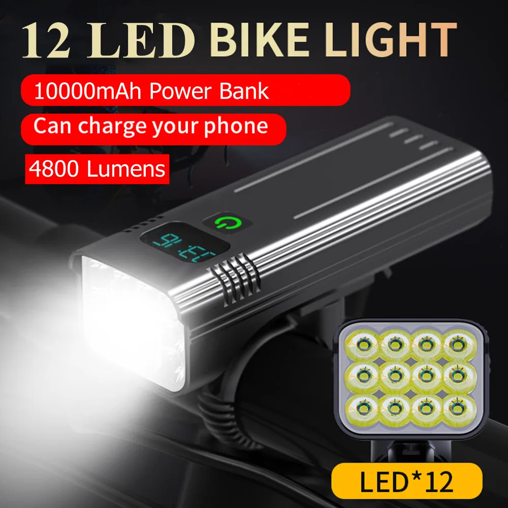 

12LED Bike Light 4800 Lumens Waterproof USB Chargeable Aluminum MTB Bicycle Light 10000mAh Power Bank Headlight Bike Accessorie