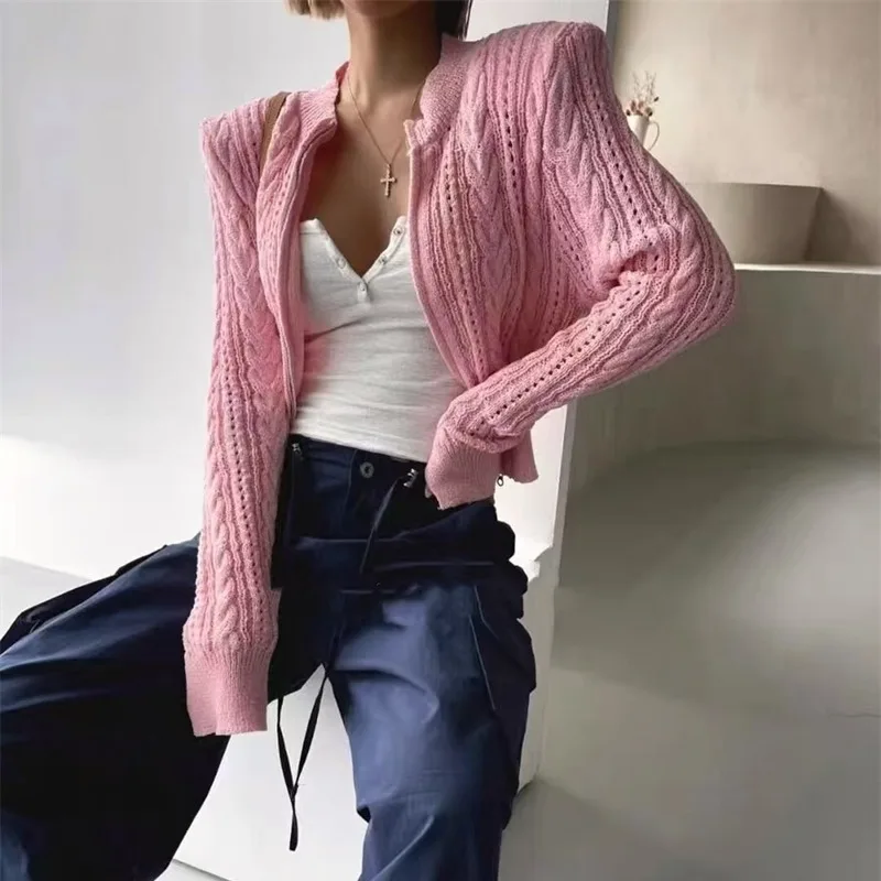 Autumn New Fashion Korean Twist Zipper Cardigan Women's Solid Color Sweater Jacket Knitted Slim Hollow Short Top Slim Short