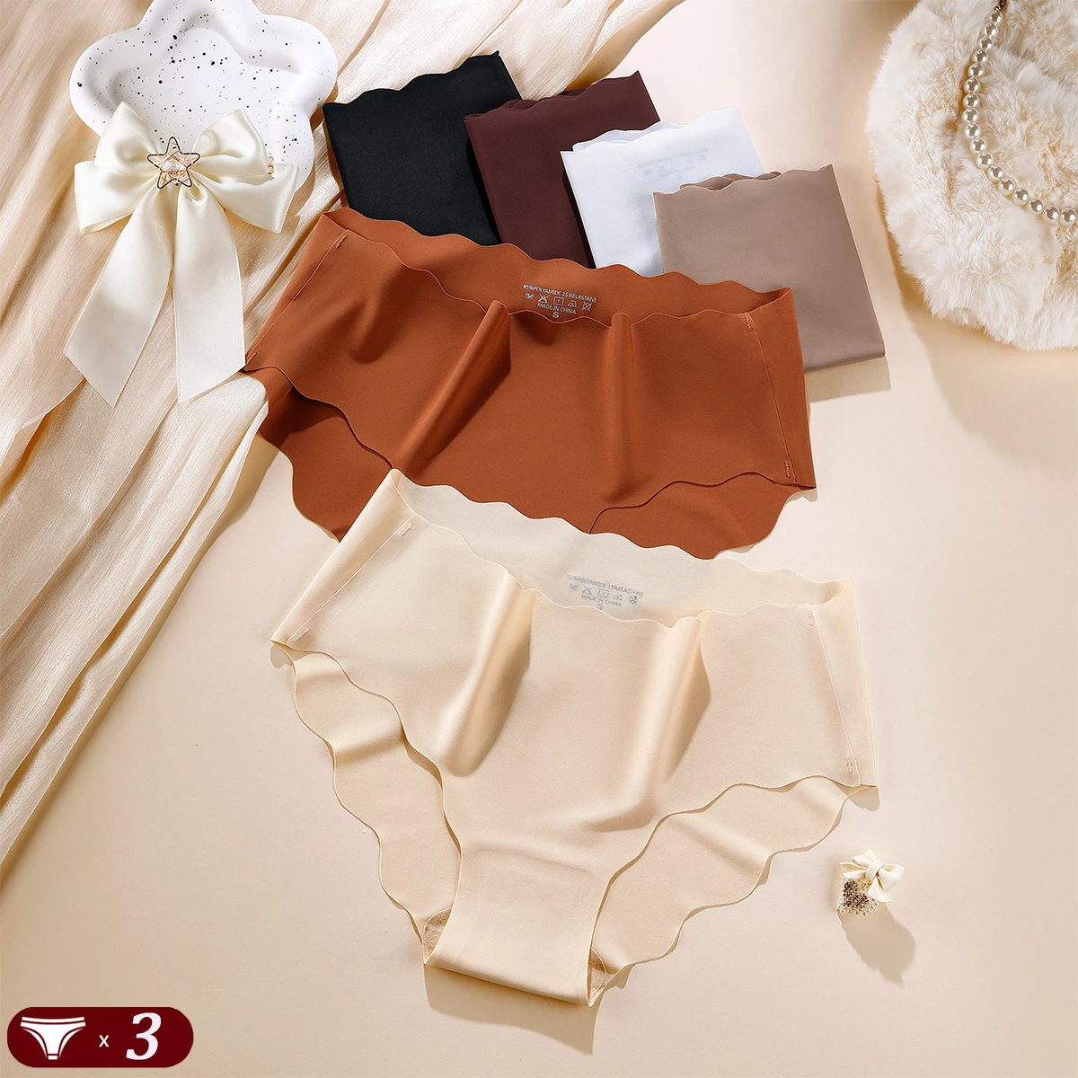 

3pcs Women Ice Silk Panties Wave Edge Sexy Briefs Comfortable Invisible Panties Mid Waist Plain Underwear S-XL