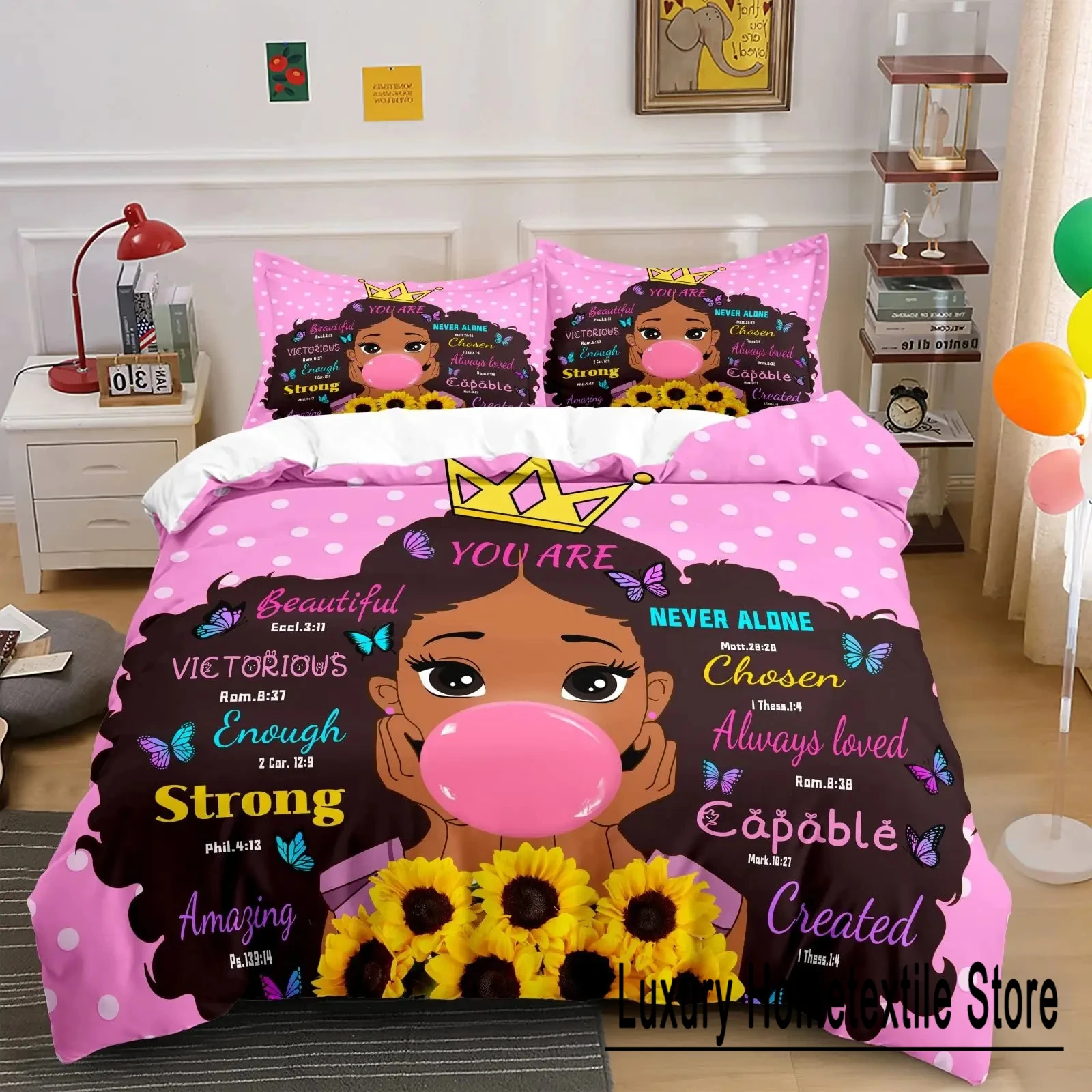 American Black Girl Duvet Cover Set,Black Girl Magic Bedding Set Full Size,Cute Little Afro Black Princess Comforter Cover Sets