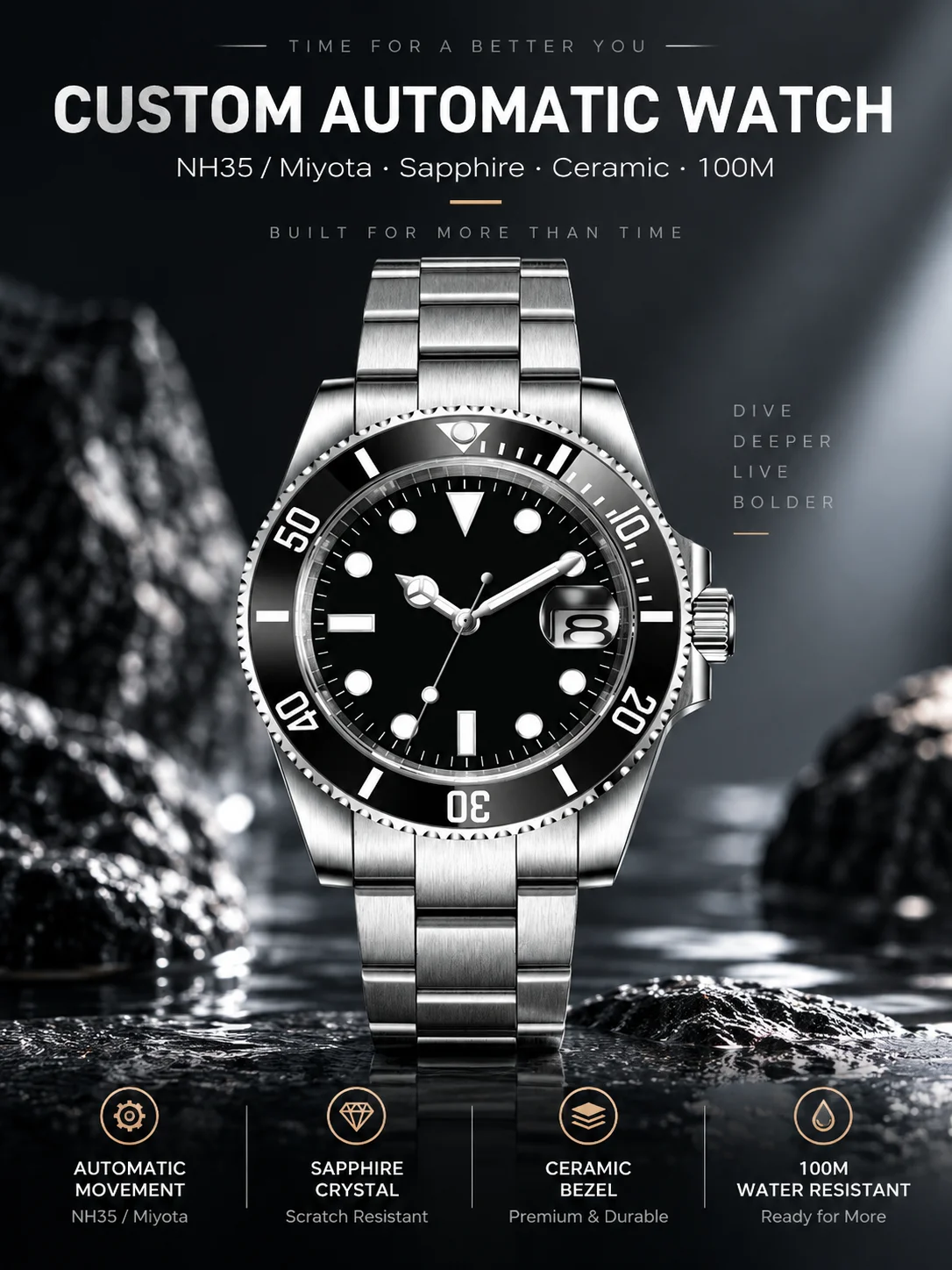 CORGEUT Custom Logo Automatic Watch Men NH35 Miyota Sapphire Crystal Ceramic Bezel 100M Waterproof Luminous Steel Wristwatch