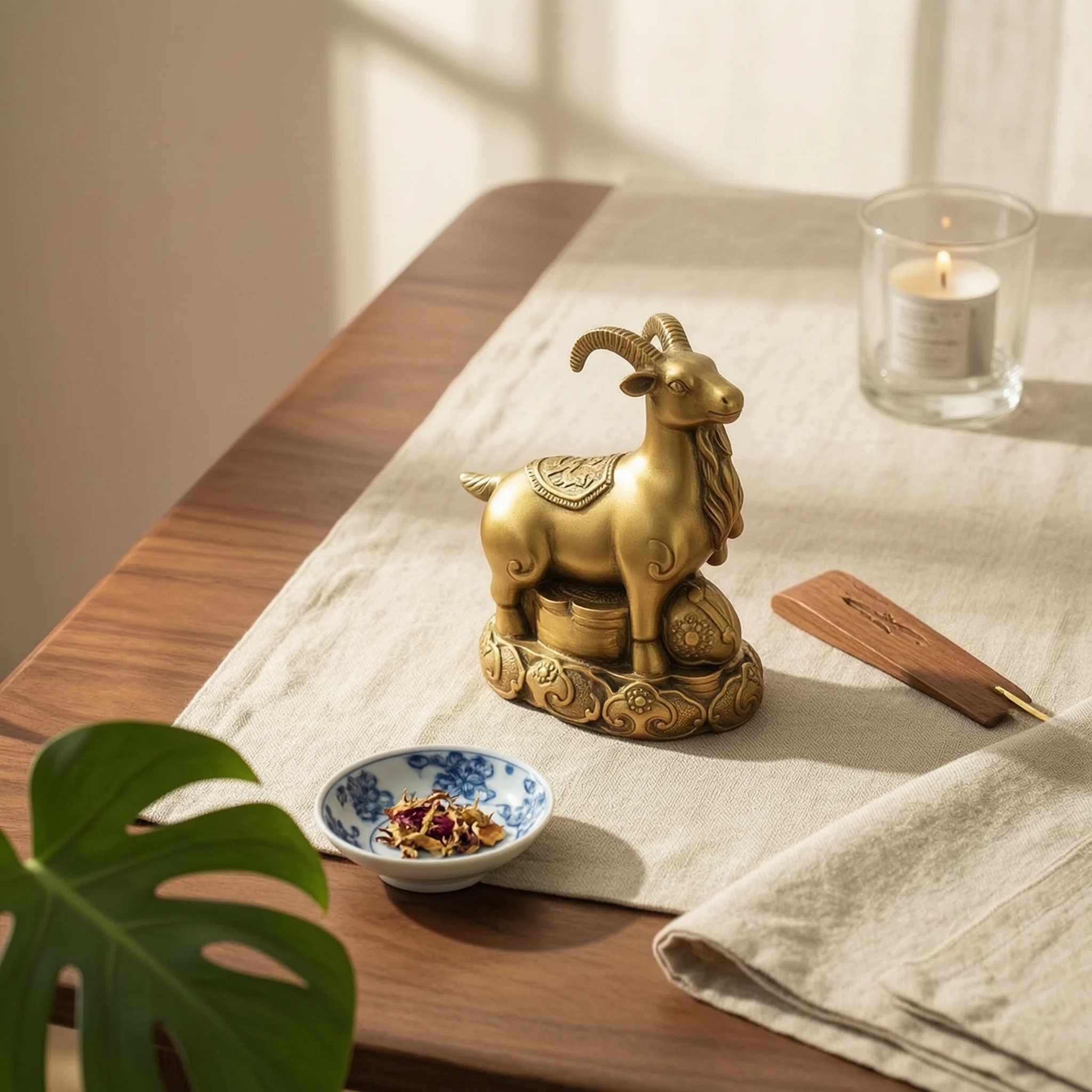 Astrological Sheep Statue Embossed Sheep Figurine with Lotus Base Ram Ornament Elegant Sculpture Auspicious for Collectors, Desk