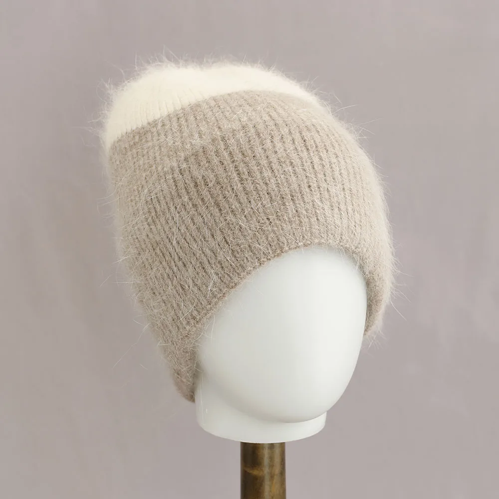 2025 New Women Winter Hat Fashion spliced rabbit fur Beanie Hat Warm Winter Cap For Female Casual Streetwear Knitted Hat