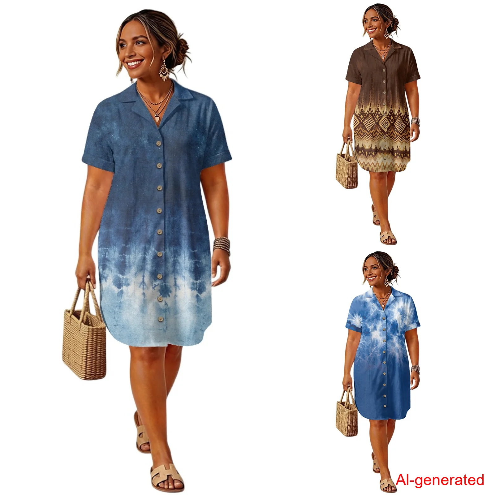 

Women's Linen Shirt Dress Tie-Dye Print Short Sleeve Button Down Flowy Swing Shift Casual Mini Beach Dress S-3XL Loose Fit