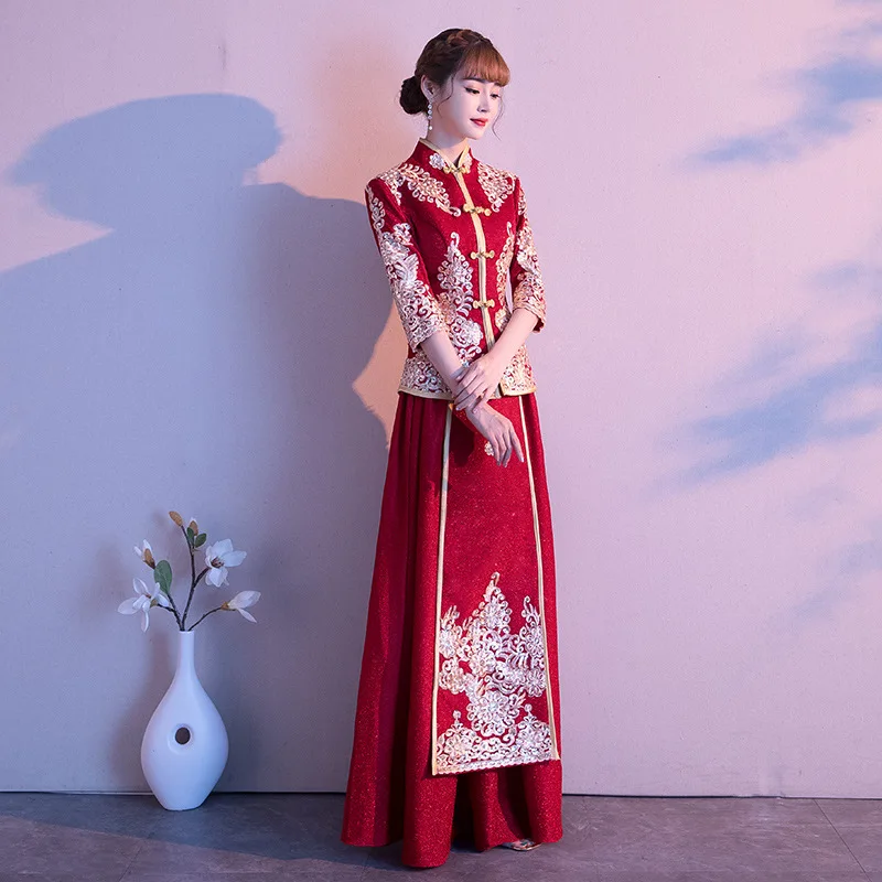 2023 New Xiuhe Clothing Long-sleeved Chinese Cheongsams Wedding Dress Wine Red Toast Tang Suit Sets Women Qipao Formal Dresses