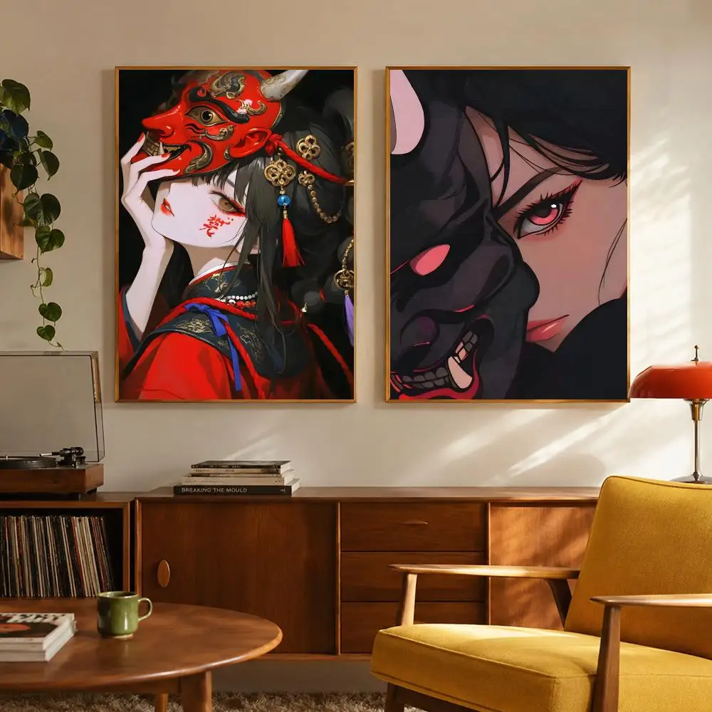 Art Concept Oni Mask Girl Poster Digital Solvent Print Waterproof PP Fade-Resistant Wall Art Room Decor Gift