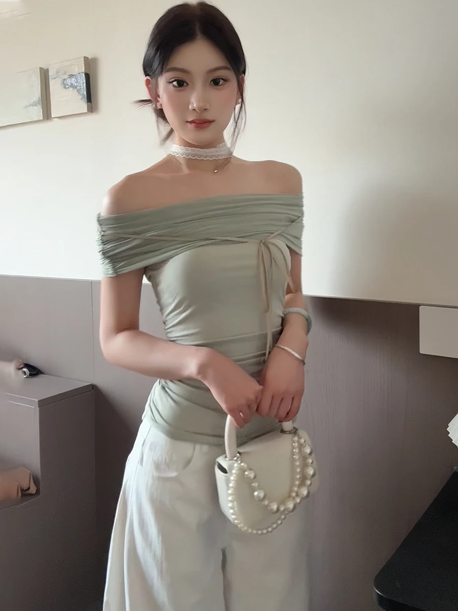 

Pure Desire One oulder Me Splice ort Sve T-irt Women Summer Design Slimming Waist Cinch oulder Exposure Top