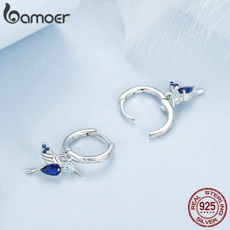 Bamoer 925 Sterling Silver Hummingbird Hoop Earrings Delicate Blue Opal Bird Ear Buckles for Women Party Jewelry Birthday Gift