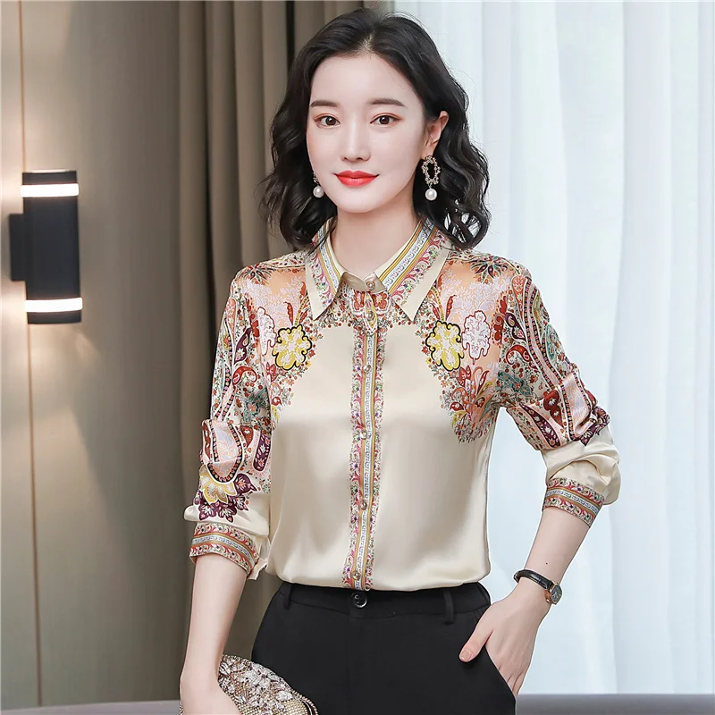 Women Summer Fashion temperament printing silk Polo-Neck 3/4 sleeve Floral Shirts women clothes trend All-match office Lady tops