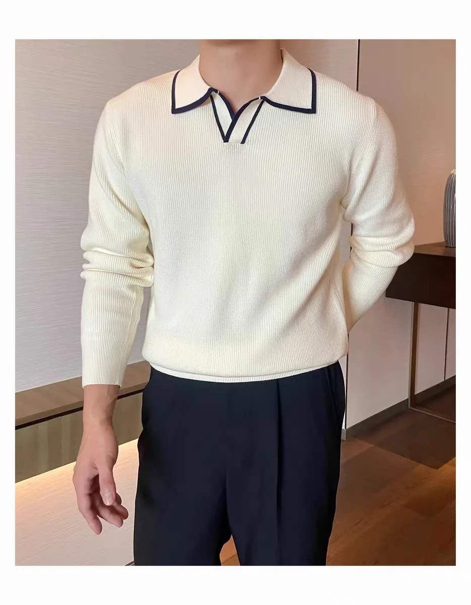 Autumn and winter leisure lapel sweater pure cashmere men retro slim color matching long sleeve POLO sweater