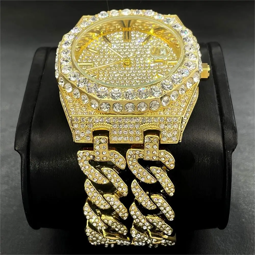 2024 Luxury Gold Watch For Men Brand PLADEN Stainless Steel Iced Out Quartz Wristwatch Hip Hop Big Diamond Cuban Chain Clock Man