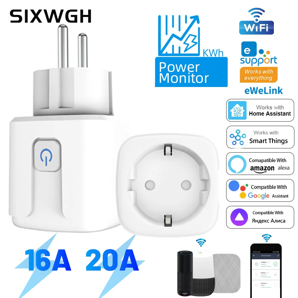 SIXWGH Wifi Smart Socket 16A EU Remote Control Timer Power Monitoring Voice Assistant For Google Home Alexa