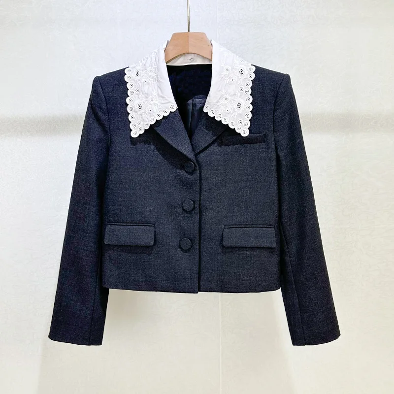 

【Gift Free】2026 Embroidered Lapel Detachable Washable Commuter Blazer in Dark Gray Short Versatile Jacket for Women