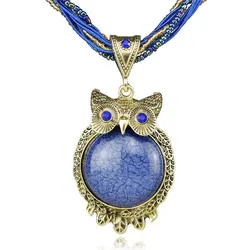 Fashion Chic Hot Owl Lovely Round Gem Bronze Glass Beads Pendant Clavicle Necklace B044