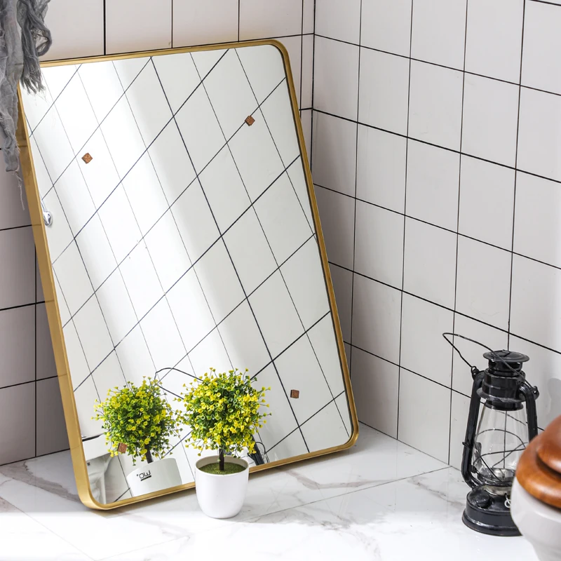 Brass bathroom mirror with rounded corners, intelligent touch LED mirror wall hanging