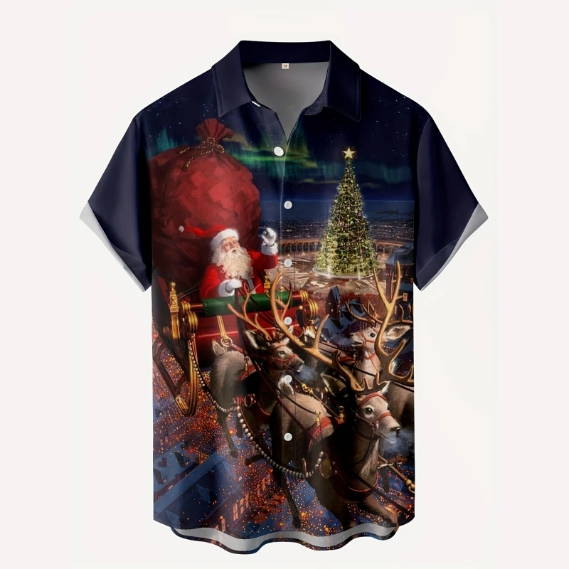 Christmas Shirts For Men Loose Lapel Button-Down Shirt Santa Claus Graphic Short-Sleeved Printed Tee Street Style Hawaiian Shirt