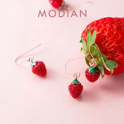 Modian Bright Crystal Strawberry Drop Earrings Charm Trendy Real 925 Sterling Silver Korean Dangle Earrings For Women Jewelry