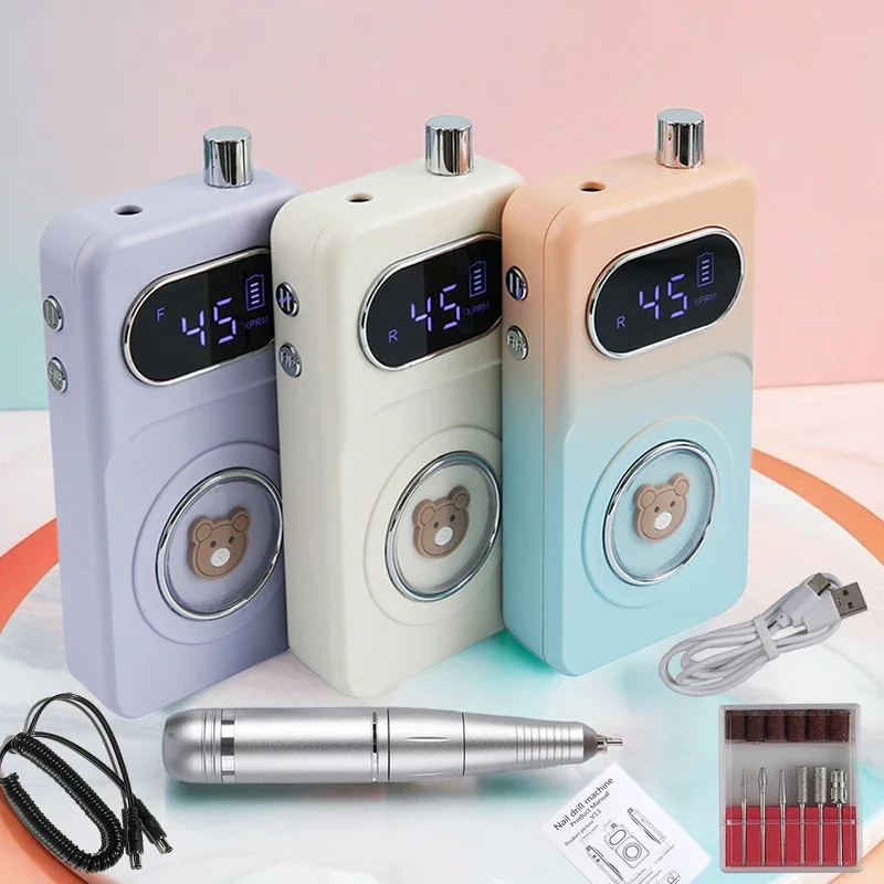 45000RPM Lovely Bear Electric Nail Drill MachineRechargeable Nail Gel Polishing Machine Nail File Machine