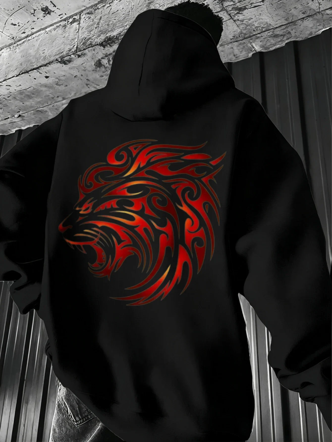 Trending Tribal Gradient Red Tiger Head Totem Graphic Hoodie Men Women Tattoo Style Back Print Loose Sweatshirt