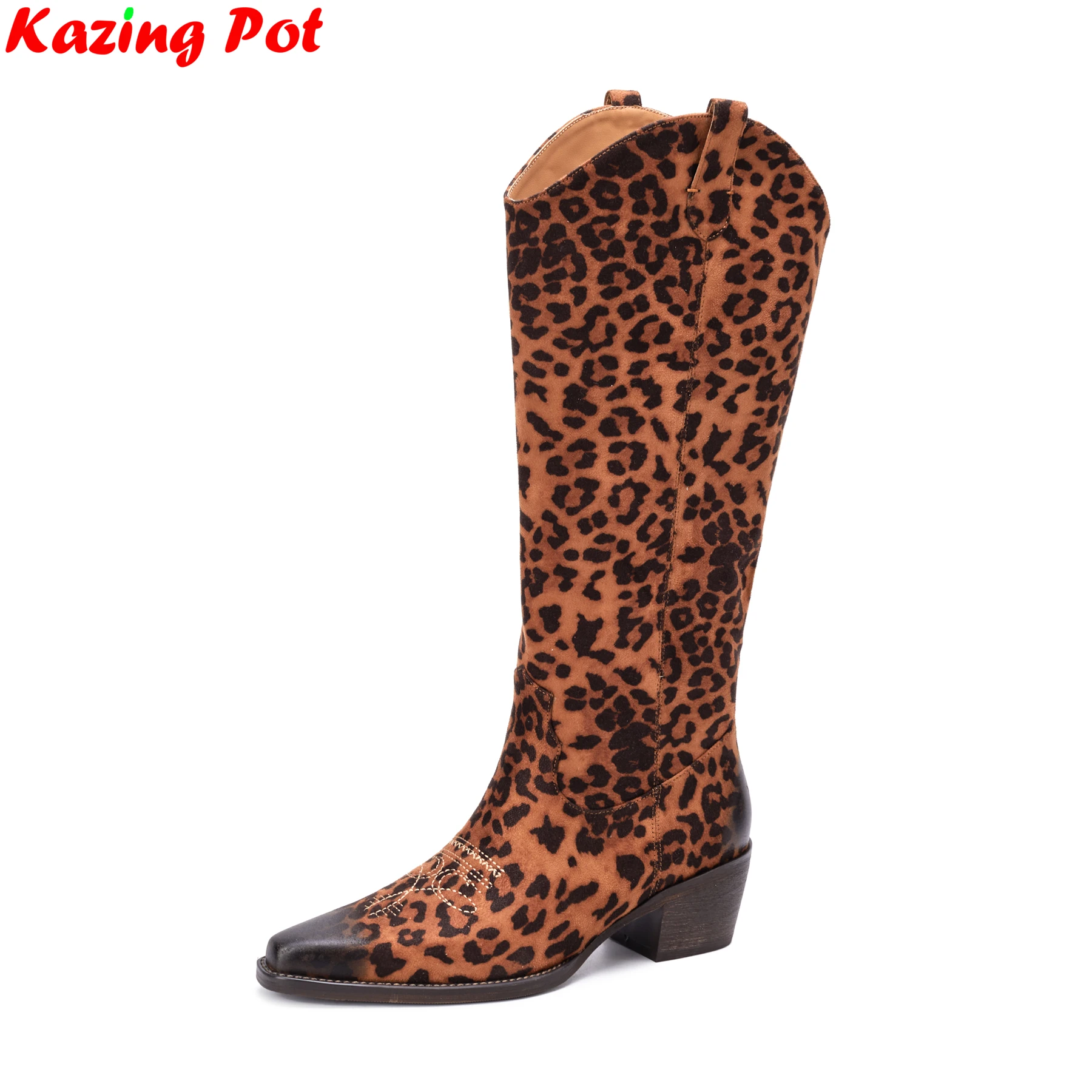 

Krazing Pot 2026 Flock Leopard Chunky Heels Modern Riding Boots Casual Winter Autumn Concise Chic Sewing Women Mid-calf Boots