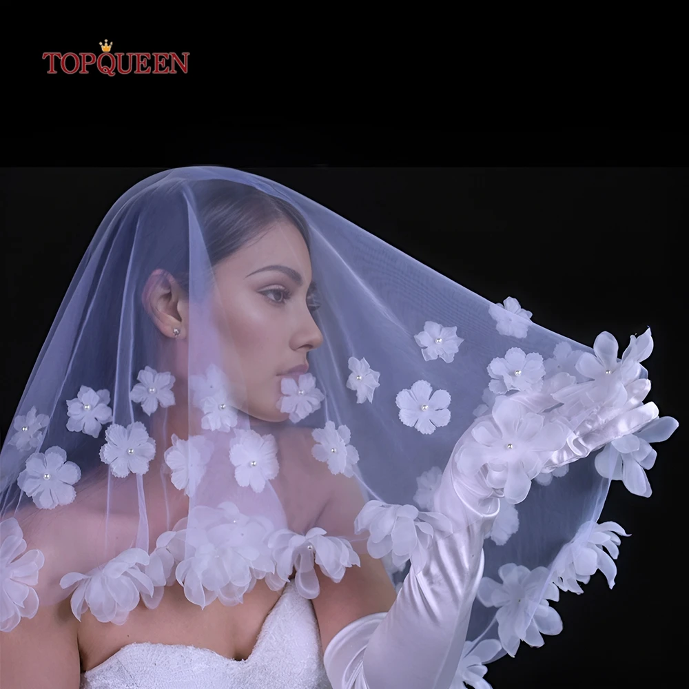 TOPQUEEN 3dดอกไม้สีขาวผ้าคลุมหน้าเจ้าสาวสนามหญ้ากลางแจ้งงานแต่งงานอุปกรณ์เสริมPearl Originalไอเดียงานแต่งงานVelos De Novia Flores V229