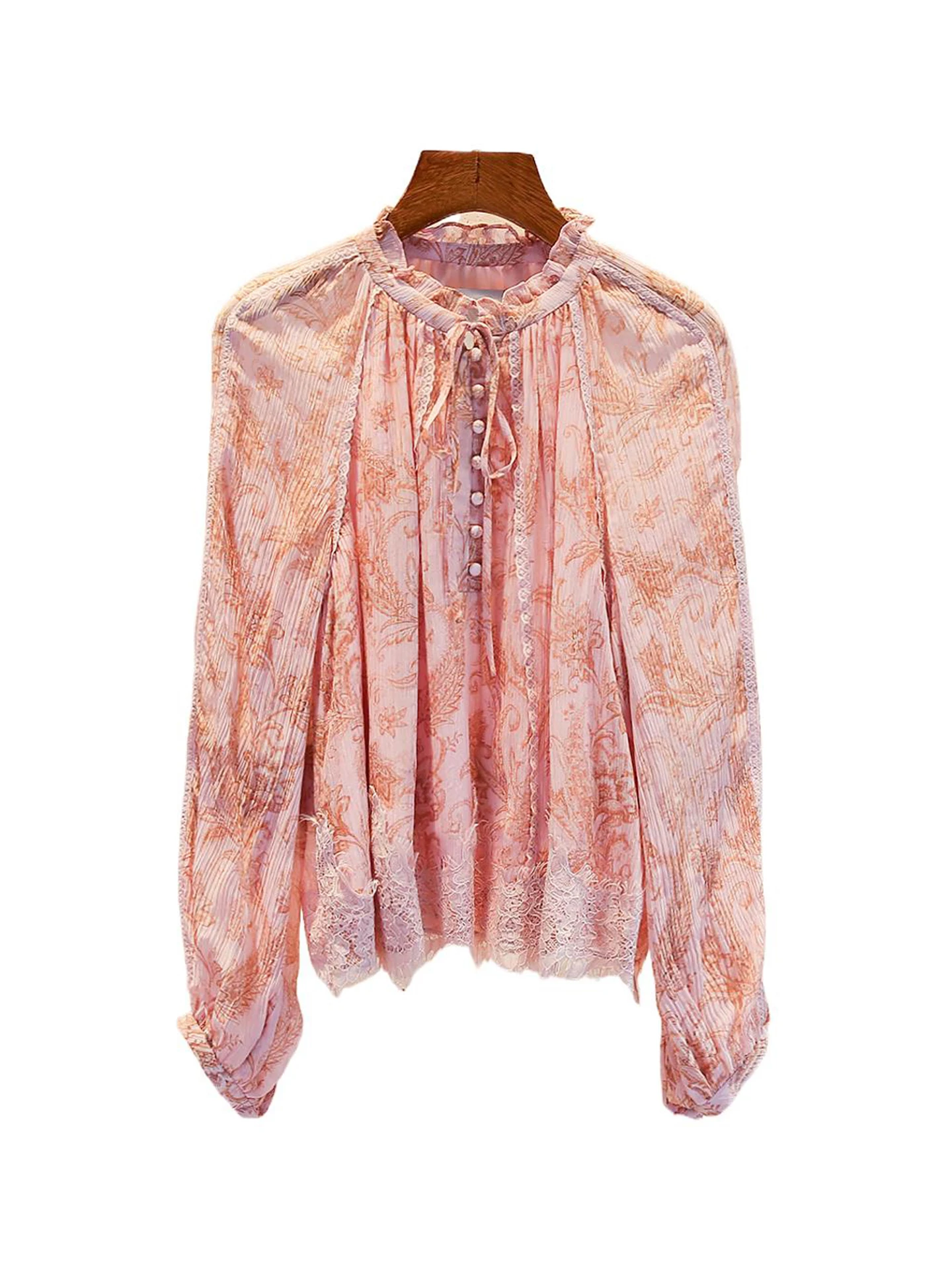 

Ele Lace Trim Button up Floral Print irt Loose Fit Long Sve Earlet Collar Women's Premium Faion Top for Autumn
