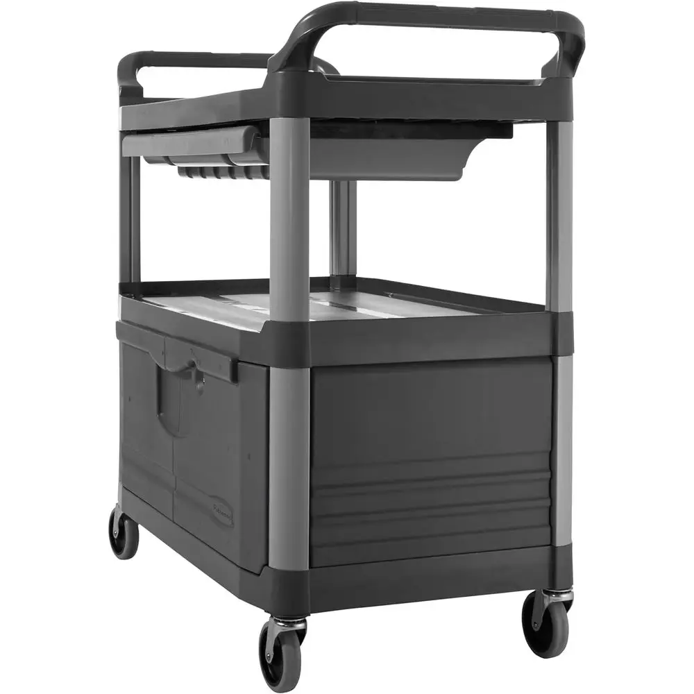 

Sturdy 2-Tier Lockable Utility Cart with Sliding Deck, 300 lbs Capacity, Ideal for Maintenance, Restaurant, and Cleaning, Black
