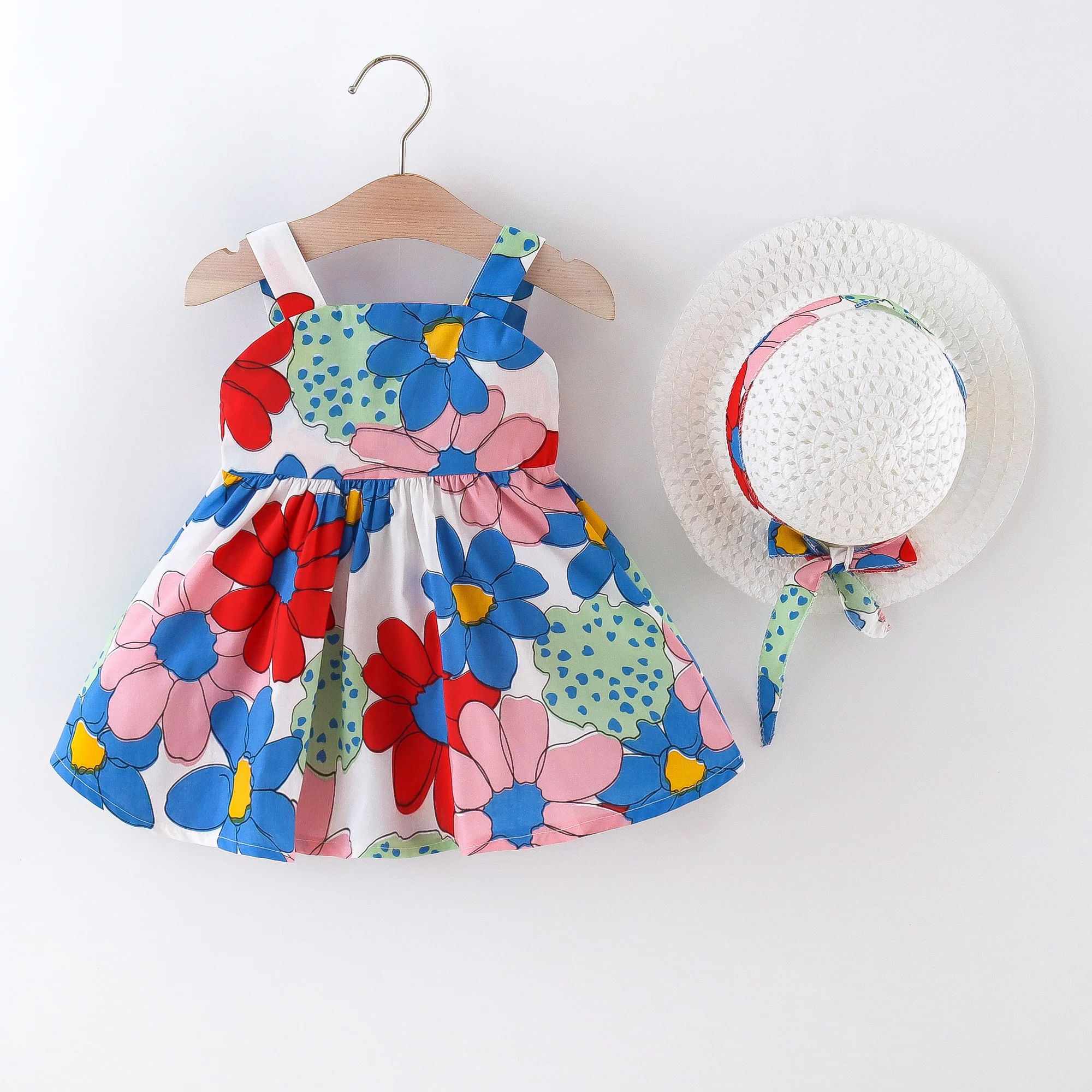 Summer dress and hat two-piece set for girls with irregular flowers big bow cute and stylish suspender dress