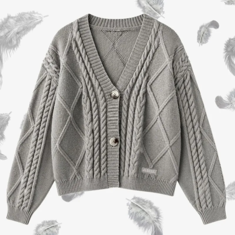TTPD Grey Cardigan Women Cosy Cable Knit Sweater Female Daily V-neck Button Knitted Cardigans Autumn Winter Loose Outerwear Tops