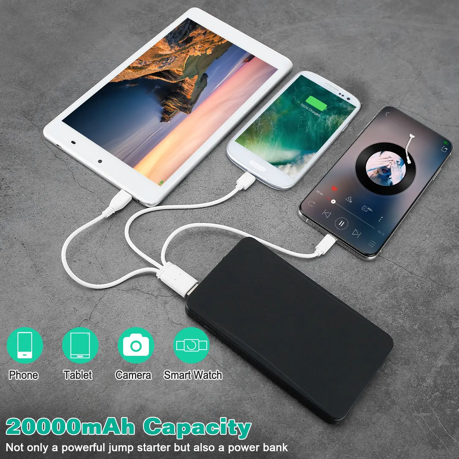 20000mAh Car Jump Starter - 400A Peak Current for Up to 2.0L Gas Engines, Portable Power Bank with USB 5V/2A, 3-Mode Emergency Flashlight (Normal/Strobe/SOS), Lightweight Ideal Gift