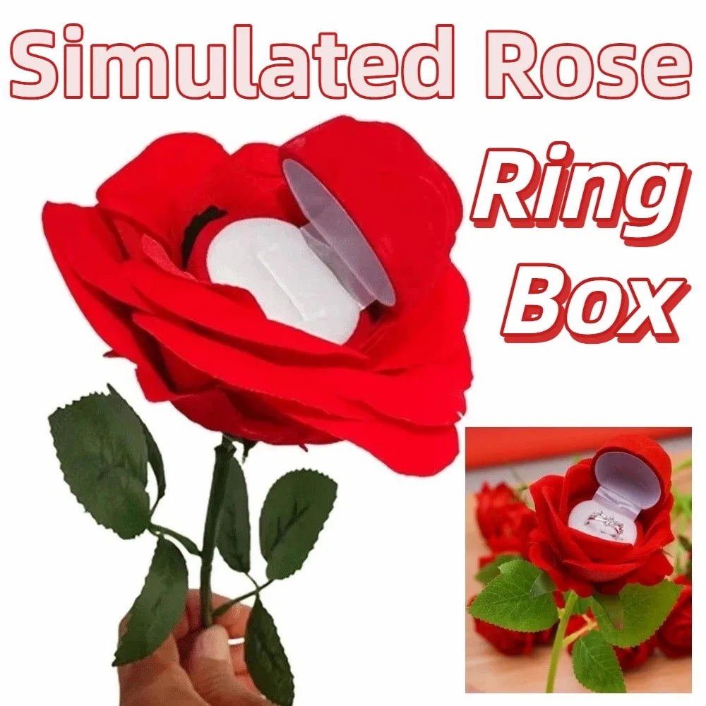 

Creative Wedding Ring Holder Red Velvet Realistic Rose Flower Ring Box Flocked Artificial Rose 3D Red Rose Jewelry Display Box