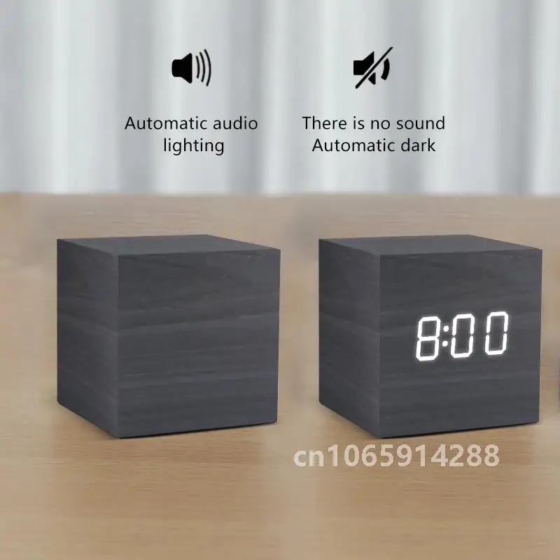 Wooden Digital Clock Multi-function LED Alarm Clock with Time/ Date/ Temperature Display and Voice Control for Home Office Trave