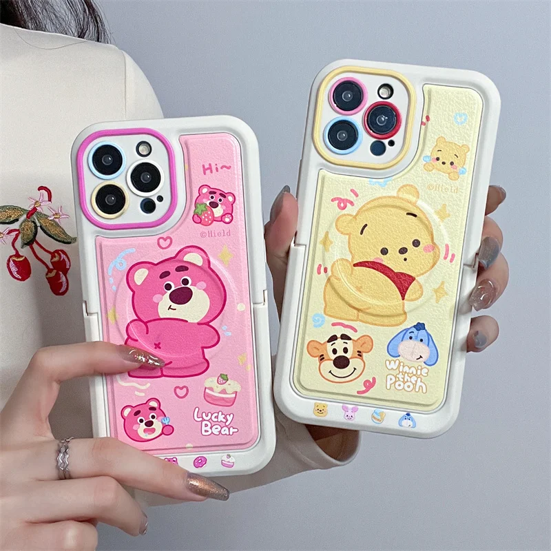 Cartoon Disney Winnie Lotso Magnetic Attraction Case For iPhone 15 14 13 12 11 Pro Max INS Hot Anime Leather Back Phone Cover