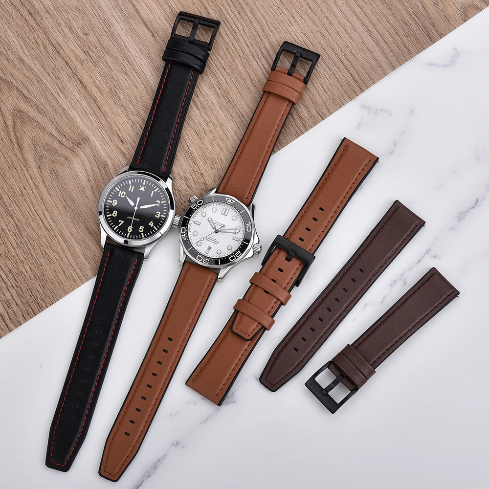 Top Leather Silicone Watch Strap 20mm 22mm Soft Material Silicone Watch Band Leather Wrist Strap Universal Watch Accessories Men