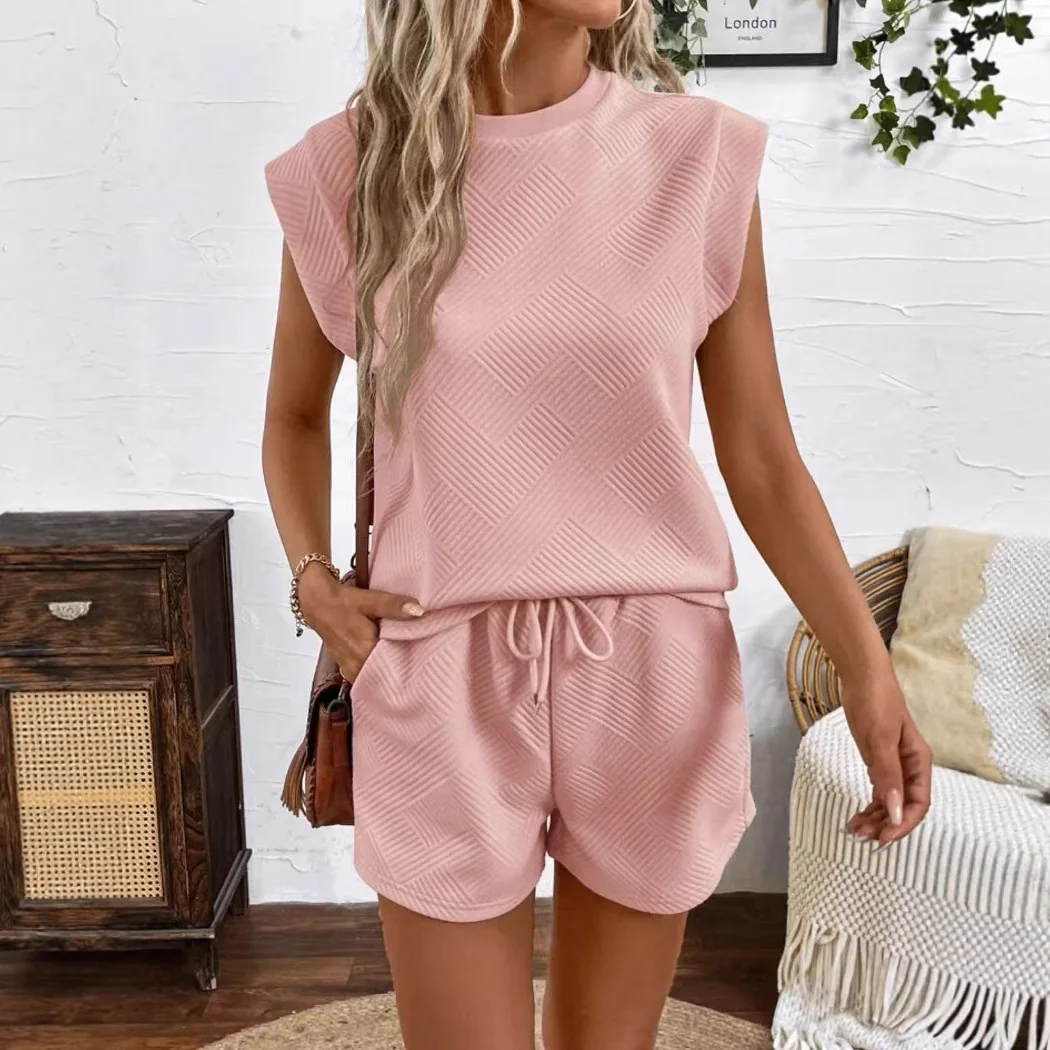 

Women Shorts Pant Set Two Piece Sets Round Neck Solid Casual Loose Tops Short Pants Lace Up Elastic Waist Y2k Streetwear 2026