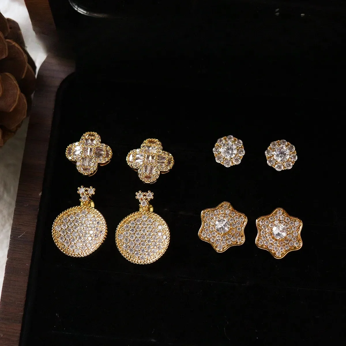 Gold Plated Zircon Flower Earrings Luxury Sparkly Statement Earrings for Women Elegant Party Banquet Ear Jewelry