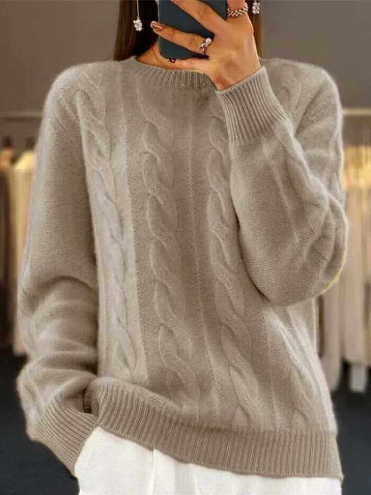 Round Neck Solid Color Knitwear Vintage Fried Dough Twists Pullover Women's Thick Sweater Long Sleeved Warm Top Loose Autumn