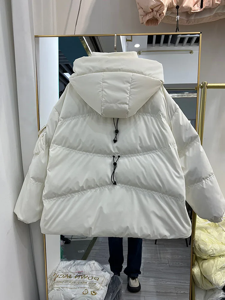 Korean Fashion Winter Short Jacket Women Waterproof Shiny 90% White Duck Down Coat Female Loose Hooded Parker Overcoat