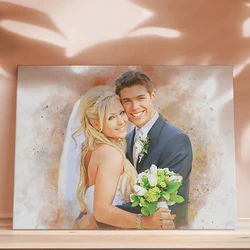 Pintura de boda de acuarela personalizada de foto, retrato personalizado en lienzo, arte de parejas, regalo de aniversario romántico, póster impreso