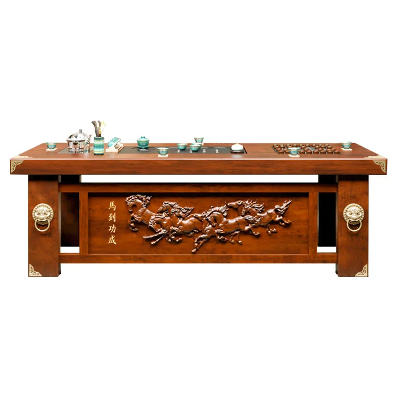 

Tea table and chair combination solid wood tea table coffee office tea ceremony light luxury relief decoration