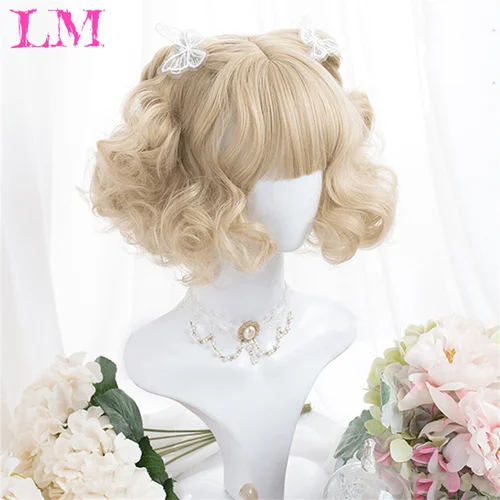 Imagen 2 del producto LM-Peluca de cabello sintético para mujer, postizo corto y rizado con flequillo, color rubio, dorado, Lolita, fiesta diaria, Cosplay, resistente al calor
