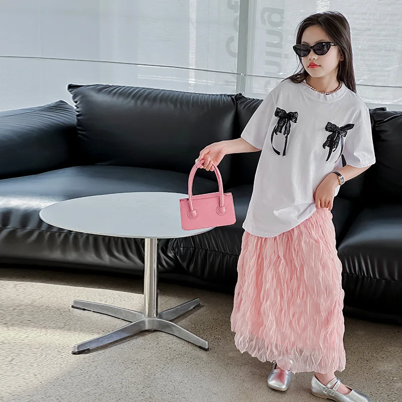 Girls Summer Set 2024 Fashionable Girls Korean Style Loose Short sleeved Half skirt Two piece Set