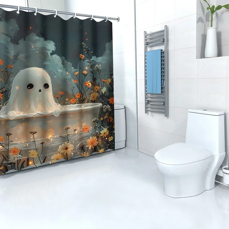 1 Panel Halloween Themed Shower Curtain Waterproof Polyester Bath Curtain with 12 Plastic Hooks Bathroom Halloween Decoration #