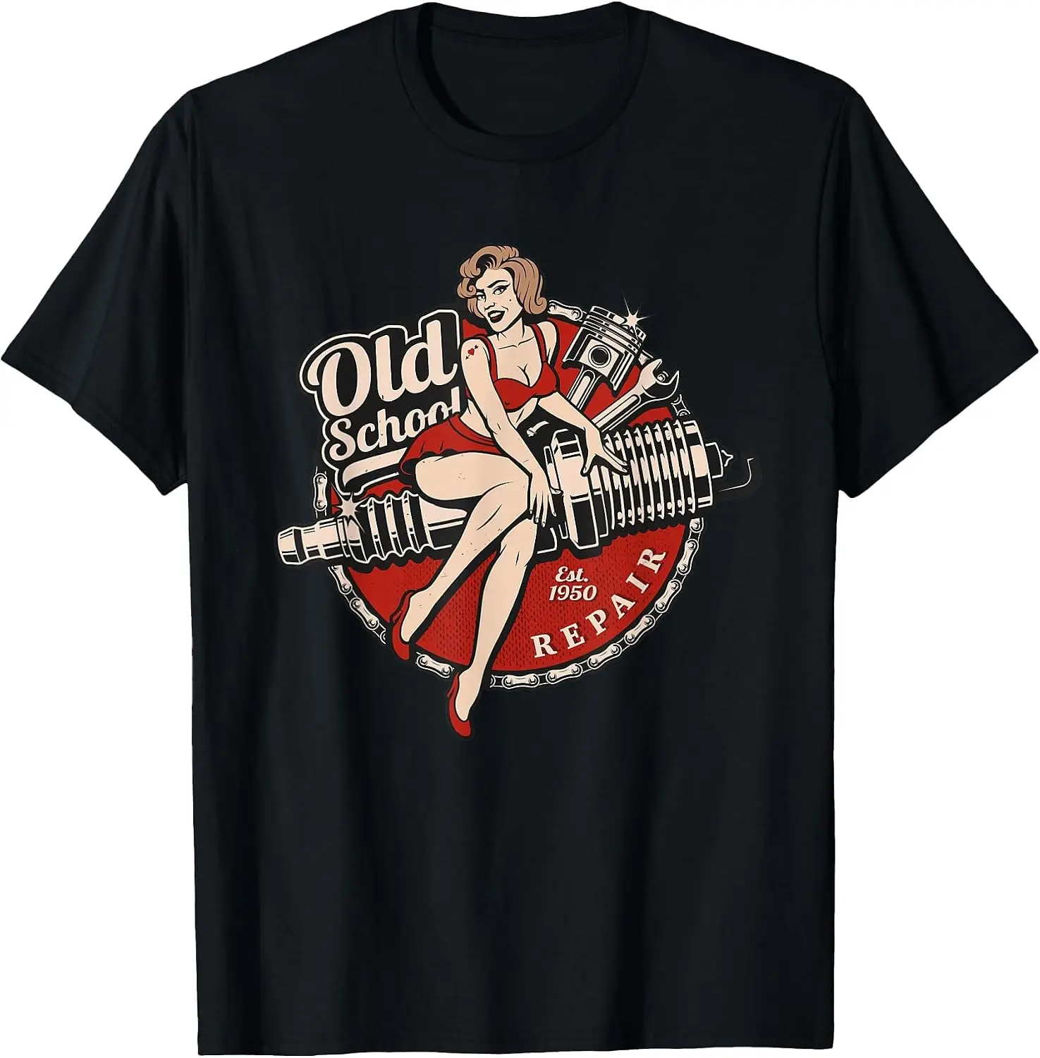 Spark Plug Pinup Mechanic T-Shirt Men Retro Vintage Slogan Printed T‑Shirt, Crew Neck Short Sleeve Distressed Graphic Tee Casual Daily Top for Men Holiday Gift