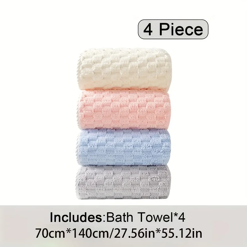 4pcs Coral Fleece Cloud Grid Bath Towel, Absorbent and Soft, Plain Color Bath Towel